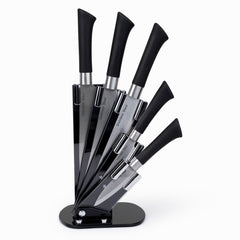 5 Piece Stainless Steel Knife Set with Acrylic Stand - Modern Black Design, Never-Need Sharpening Fine Edge Blades