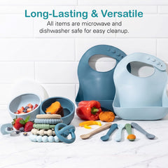 Silicone Baby Essentials Set – Stacking Toy, Feeding Bibs, Suction Bowls with Spoons & First-Stage Spoons – BPA-Free, Safe for Infants & Toddlers