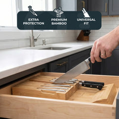 Bamboo Knife Block Drawer Organizer, Nonslip, Durable In Drawer Wooden Knife Storage, Space Saving Kitchen Knife Organizer, Holds up to 12 Knives