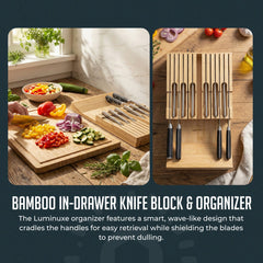 Bamboo Knife Block Drawer Organizer, Nonslip, Durable In Drawer Wooden Knife Storage, Space Saving Kitchen Knife Organizer, Holds up to 12 Knives