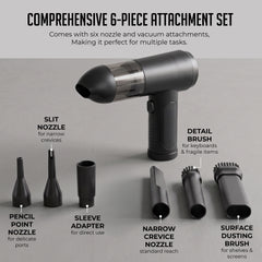 Handheld Air Duster & Mini Vacuum Cleaner Combo with 6 Attachments, Portable, Multi-Functional Cleaning Kit for Computers, Cars, and Electronics