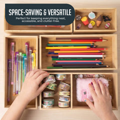 Bamboo Drawer Organizer Set, 5 Piece Non-Slip Versatile Storage Trays for Kitchen Utensils, Bathroom Essentials, Makeup & Jewelry – Modular & Eco-Friendly Design