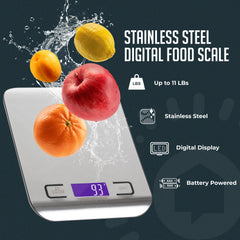 Digital Food Scale – 11 LB Capacity, Tare Function, Stainless Steel, LCD Display, 2 AAA Batteries Included, Ideal for Cooking, Baking, and Kitchen Use