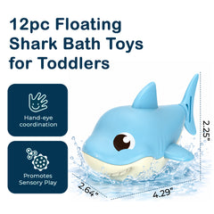 12pc Floating Shark Bath Toys for Toddlers, Colorful Wind Up Swimming Sharks, Interactive & Battery-Free Water Play