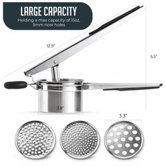 15oz Potato Ricer, Heavy Duty Stainless Steel Potato Masher and Ricer Kitchen Tool, Nonslip Handle, Press and Mash Kitchen Gadget