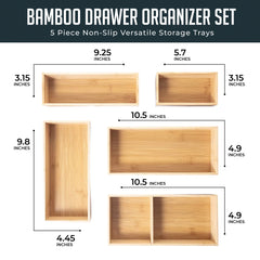 Bamboo Drawer Organizer Set, 5 Piece Non-Slip Versatile Storage Trays for Kitchen Utensils, Bathroom Essentials, Makeup & Jewelry – Modular & Eco-Friendly Design