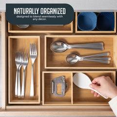 Bamboo Drawer Organizer Set, 5 Piece Non-Slip Versatile Storage Trays for Kitchen Utensils, Bathroom Essentials, Makeup & Jewelry – Modular & Eco-Friendly Design