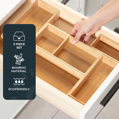 Bamboo Drawer Organizer Set, 5 Piece Non-Slip Versatile Storage Trays for Kitchen Utensils, Bathroom Essentials, Makeup & Jewelry – Modular & Eco-Friendly Design