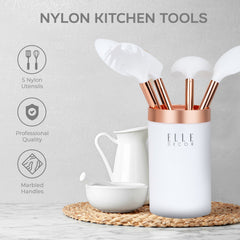 Elle Decor 6-Piece Nylon Silicone Kitchen Utensil Set with Holder Marbled Handles Professional Quality Includes Utensils and Holder