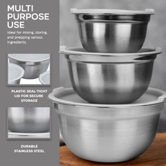 3-Piece Stainless Steel Mixing Bowl Set with Lids - Durable Bowls Dishwasher Safe, Silver