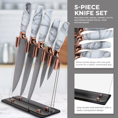 Elle Decor 5-Piece Professional Kitchen Knife Set Marble Handles & Rose Gold Accents Includes Clear Block Chef Bread Carving Utility & Paring Knives