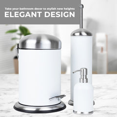 3 Pc Stainless Steel Bathroom Set with 3L Step Can, Toilet Brush Holder, and Soap Dispenser - White