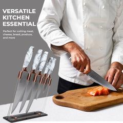 Elle Decor 5-Piece Professional Kitchen Knife Set Marble Handles & Rose Gold Accents Includes Clear Block Chef Bread Carving Utility & Paring Knives