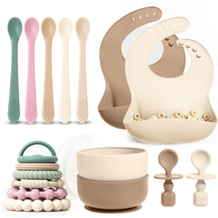 Silicone Baby Essentials Set – Stacking Toy, Feeding Bibs, Suction Bowls with Spoons & First-Stage Spoons – BPA-Free, Safe for Infants & Toddlers