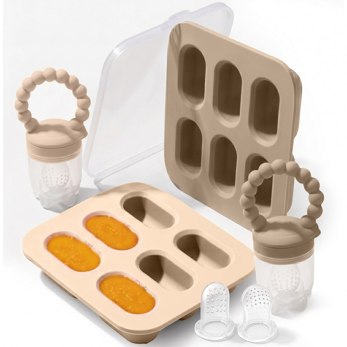 Silicone Baby Fruit Feeders with Freezer Tray for Batch Prep, Set of 2 – Safe & Convenient, Includes Extra Pouches & Travel Lids, Dishwasher Safe