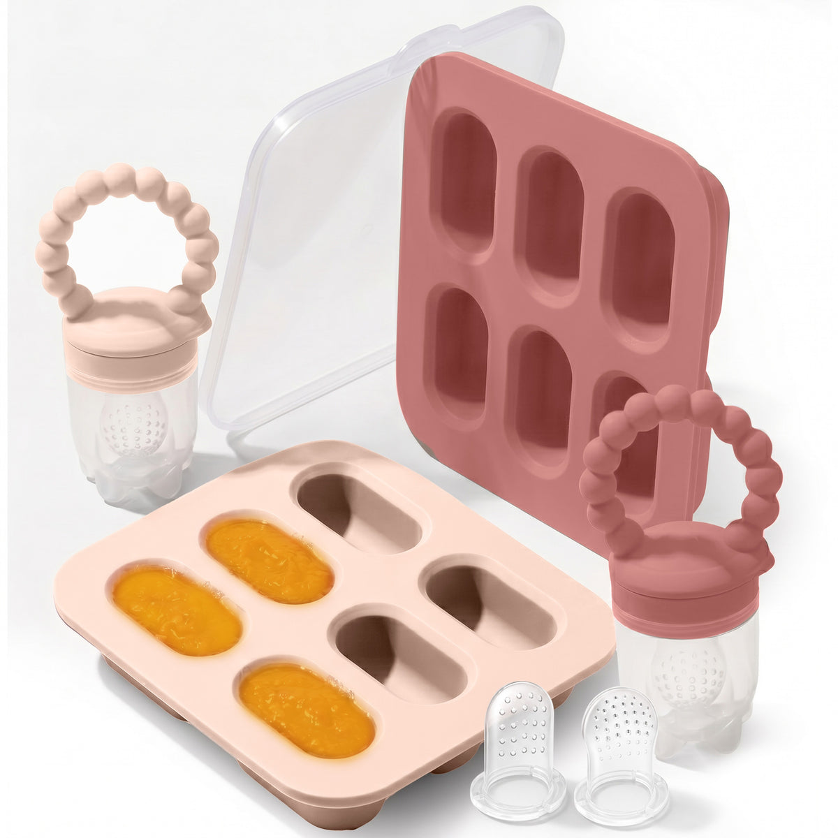 Silicone Baby Fruit Feeders with Freezer Tray for Batch Prep, Set of 2 – Safe & Convenient, Includes Extra Pouches & Travel Lids, Dishwasher Safe