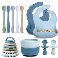 Silicone Baby Essentials Set – Stacking Toy, Feeding Bibs, Suction Bowls with Spoons & First-Stage Spoons – BPA-Free, Safe for Infants & Toddlers