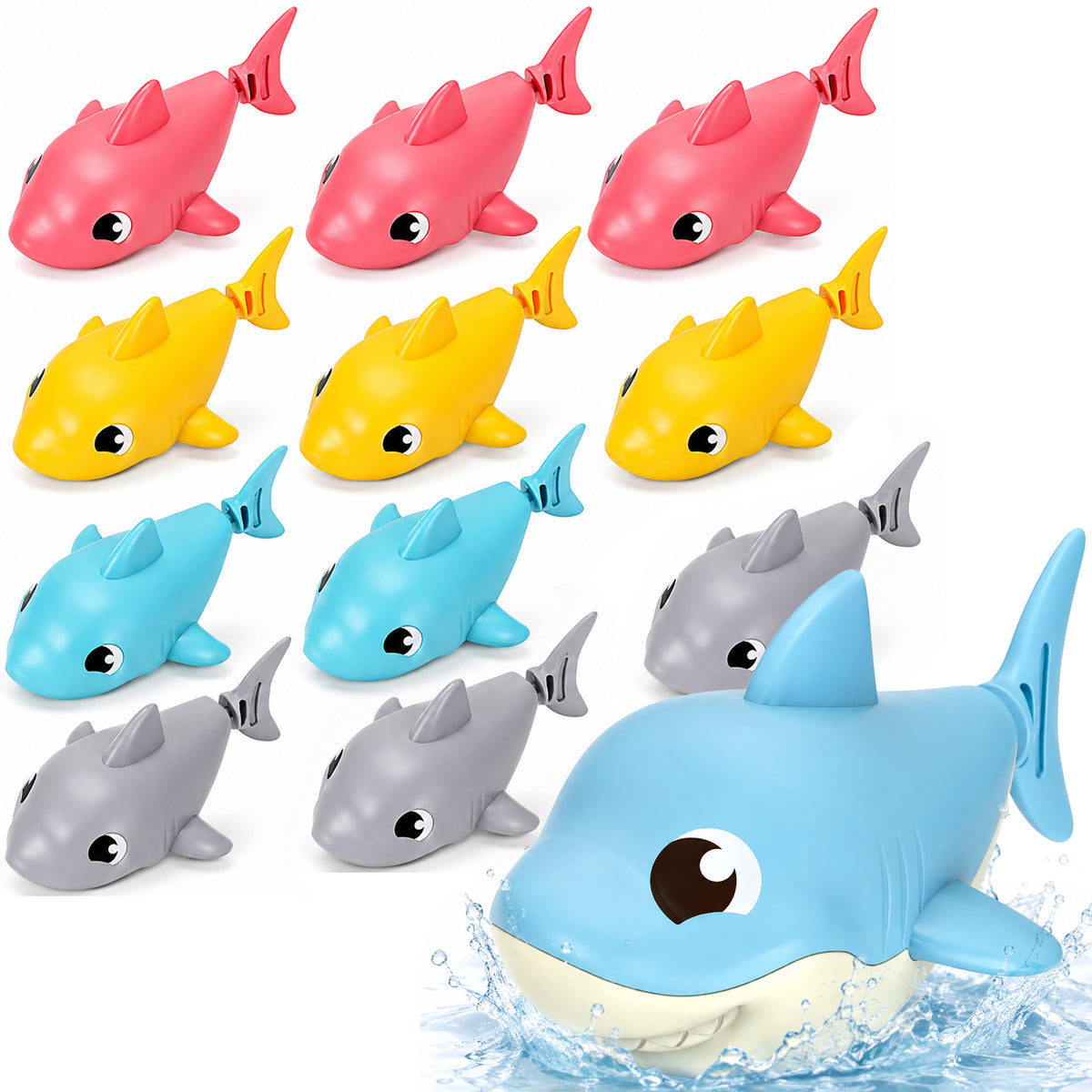 12pc Floating Shark Bath Toys for Toddlers, Colorful Wind Up Swimming Sharks, Interactive & Battery-Free Water Play