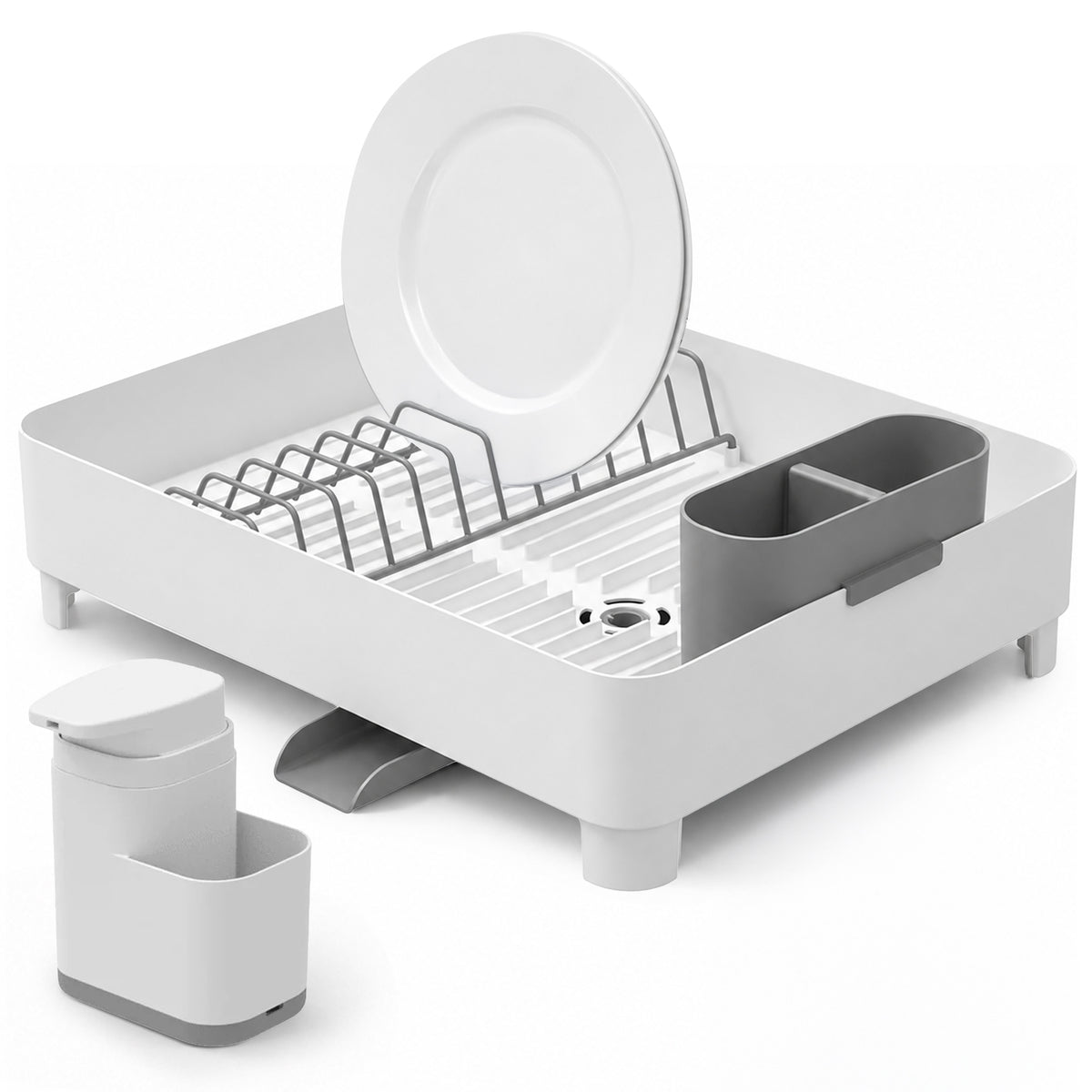 OU Sink Organizer Set, Compact Dish Drying Rack with Drainage Spout & 19 oz Liquid Soap Dispenser with Sponge Holder, Nonslip Kitchen Sink Organizer