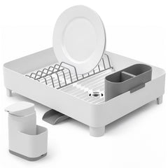 OU Sink Organizer Set, Compact Dish Drying Rack with Drainage Spout & 19 oz Liquid Soap Dispenser with Sponge Holder, Nonslip Kitchen Sink Organizer