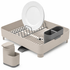 OU Sink Organizer Set, Compact Dish Drying Rack with Drainage Spout & 19 oz Liquid Soap Dispenser with Sponge Holder, Nonslip Kitchen Sink Organizer