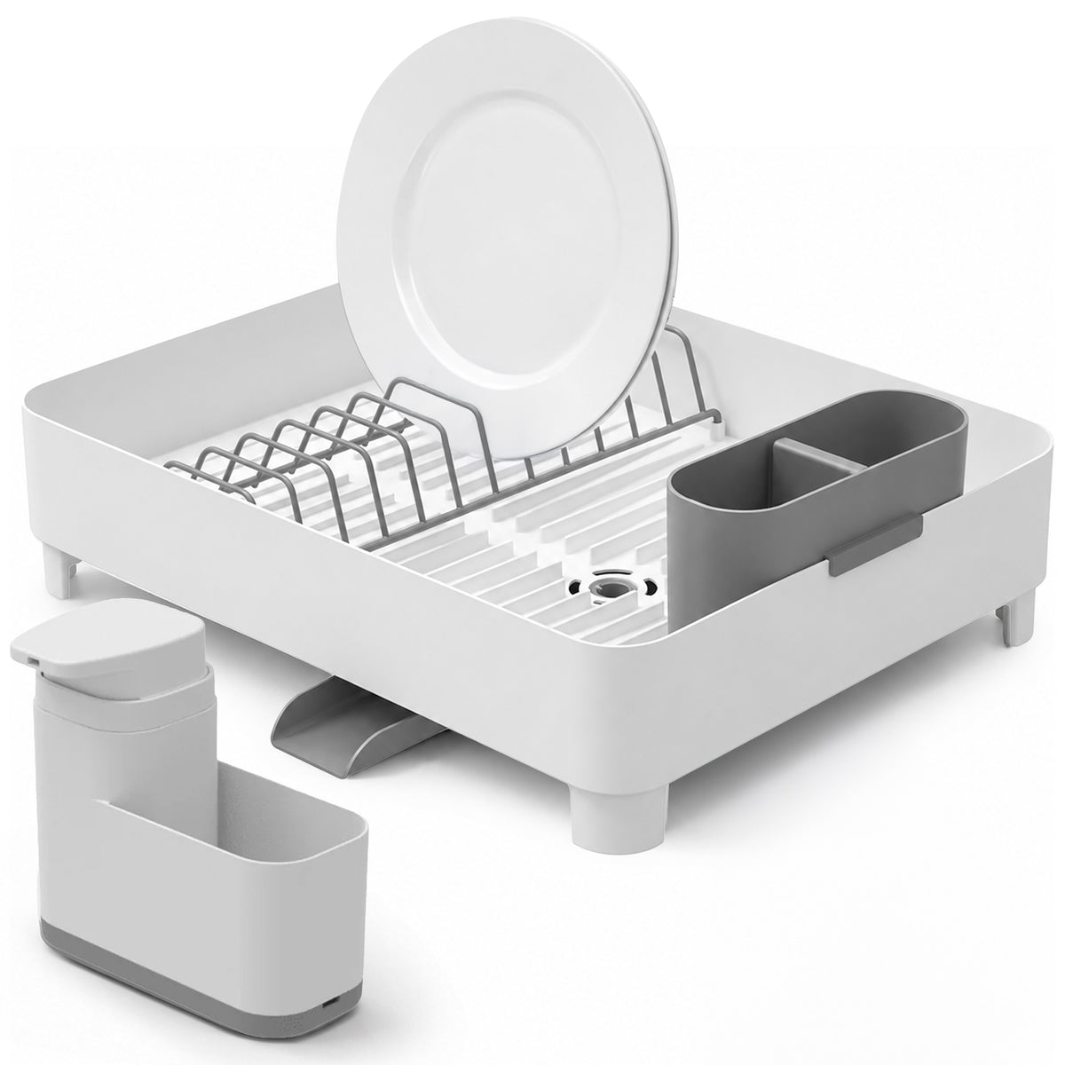 OU Sink Organizer Set, Dish Drying Rack with Drainage Spout &19oz Liquid Soap Dispenser with Sponge Holder, Space-Saving Kitchen Sink Organizer Set