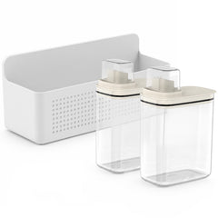 OU Laundry Detergent Dispenser & Wall-Mounted Storage Organizer Set, 2 Pack 50oz Clear Liquid Soap Dispenser with Measuring Cap & Hanging Storage Rack