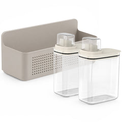 OU Laundry Detergent Dispenser & Wall-Mounted Storage Organizer Set, 2 Pack 50oz Clear Liquid Soap Dispenser with Measuring Cap & Hanging Storage Rack