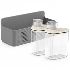OU Laundry Detergent Dispenser & Wall-Mounted Storage Organizer Set, 2 Pack 50oz Clear Liquid Soap Dispenser with Measuring Cap & Hanging Storage Rack
