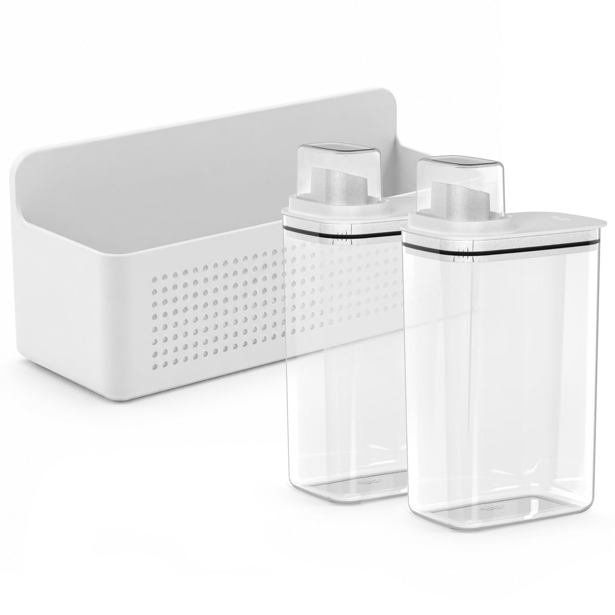 OU Laundry Detergent Dispenser & Wall-Mounted Storage Organizer Set, 2 Pack 77oz Liquid Soap Dispensers with Measuring Cap & Hanging Storage Organizer