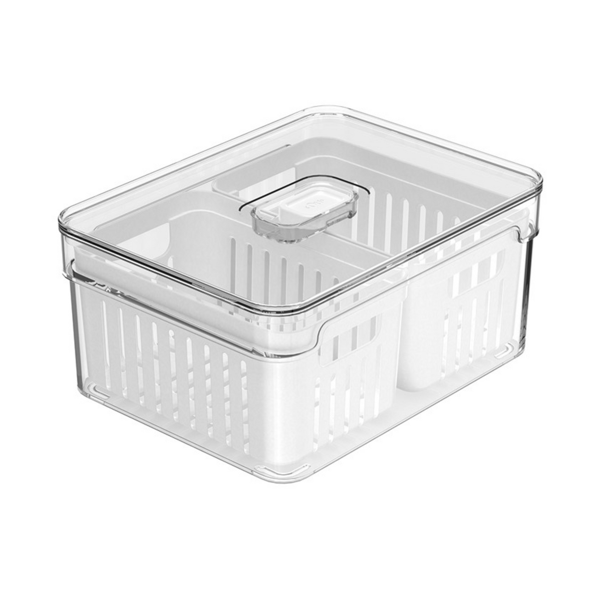 OU Fridge Organizer Bin with Drain Baskets & Vented Lid, 2.3qt Clear Stackable Refrigerator Storage Bin, Produce Kitchen Storage Container, BPA Free