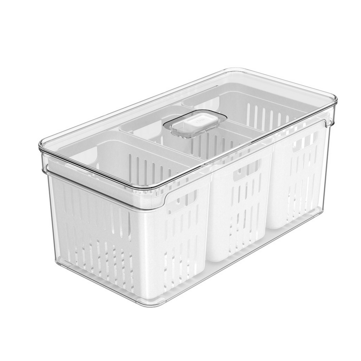 OU Fridge Organizer Bin with Drain Baskets & Vented Lid, 5.3qt Clear Stackable Refrigerator Storage Bin, Produce Kitchen Storage Container, BPA Free