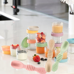 12-Pack Glass Baby Food Storage Jars with Lids, 6-Pack Silicone Baby Self-Feeding Spoons – BPA-Free, Leakproof, Freezer Safe Jars