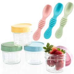 12-Pack Glass Baby Food Storage Jars with Lids, 6-Pack Silicone Baby Self-Feeding Spoons – BPA-Free, Leakproof, Freezer Safe Jars