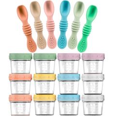 12-Pack Glass Baby Food Storage Jars with Lids, 6-Pack Silicone Baby Self-Feeding Spoons – BPA-Free, Leakproof, Freezer Safe Jars