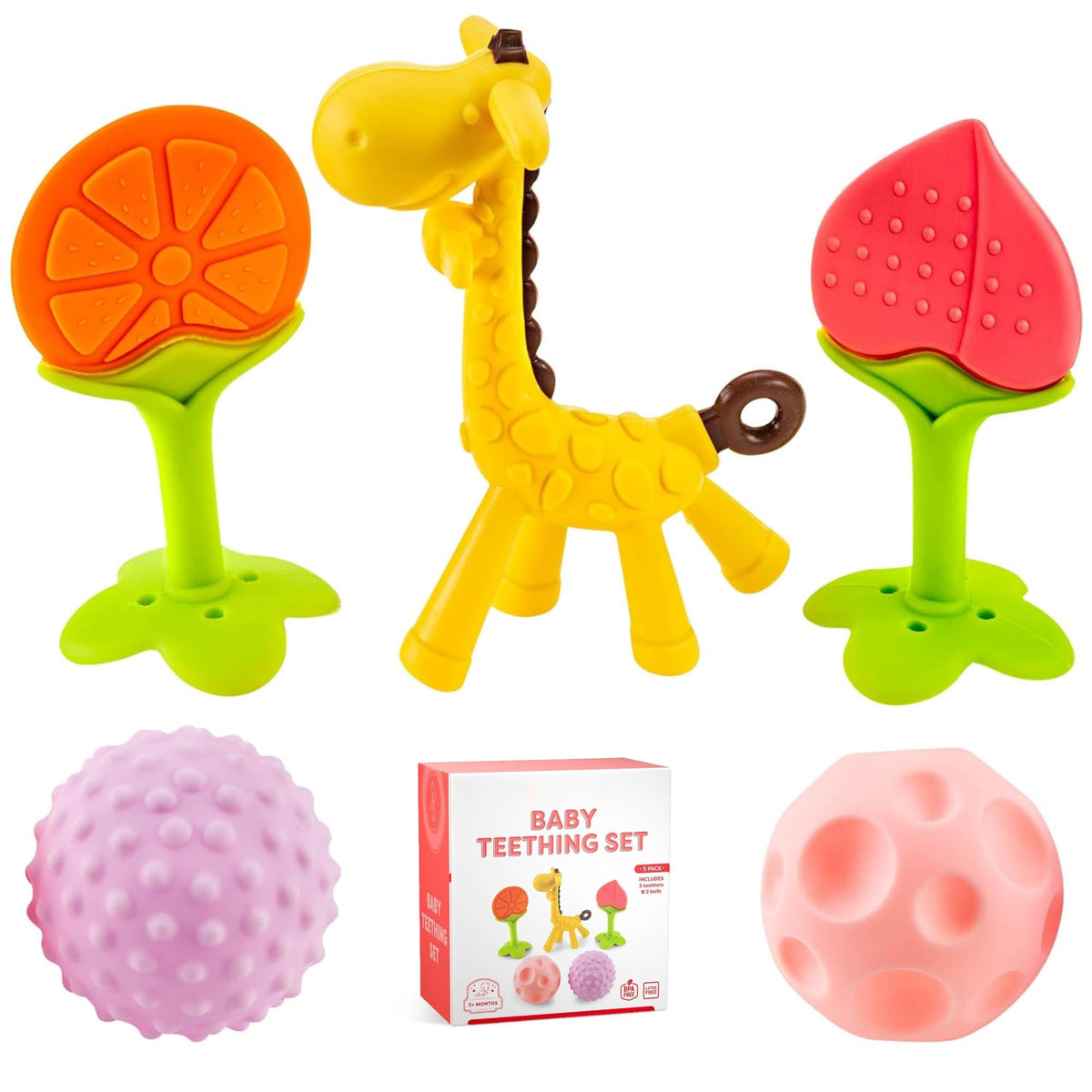 Silicone Baby Teething Toys 5 Pack, Sensory Balls & Teethers for Infants 0-12 Months, BPA Free Freezer Safe Soft Baby Teether Toys, Soothe Babies Gums
