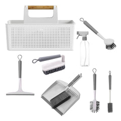 OU 8-Piece Home Cleaning Tools Set – Silicone Squeegee, Scrub Brushes, Refillable Spray Bottle, Organizer Caddy & More for Bathroom & Kitchen Cleaning