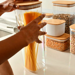 OU Airtight Food Storage Container 8.4cup, Clear Plastic Food Storage Container with Leak Proof Bamboo Lid, Stackable Kitchen Pantry Organizer