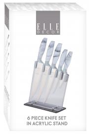 Elle Decor 5-Piece Professional Kitchen Knife Set Marble Handles & Chrome Finish Includes Clear Block Chef Bread Carving Utility & Paring Knives