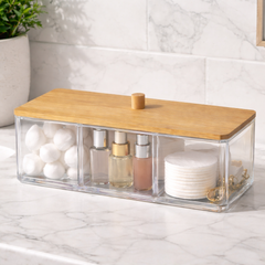 Acrylic Organizer, Clear Makeup & Jewelry Organizer with 3 Compartments and Bamboo Lid, Durable Nonslip Cosmetics & Skincare Storage Box