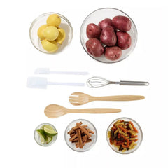 11-Piece Kitchen Accessories Set – Glass Mixing Bowls with Airtight Lids, Stainless Steel Whisk, Scrapers, Wooden Spoons
