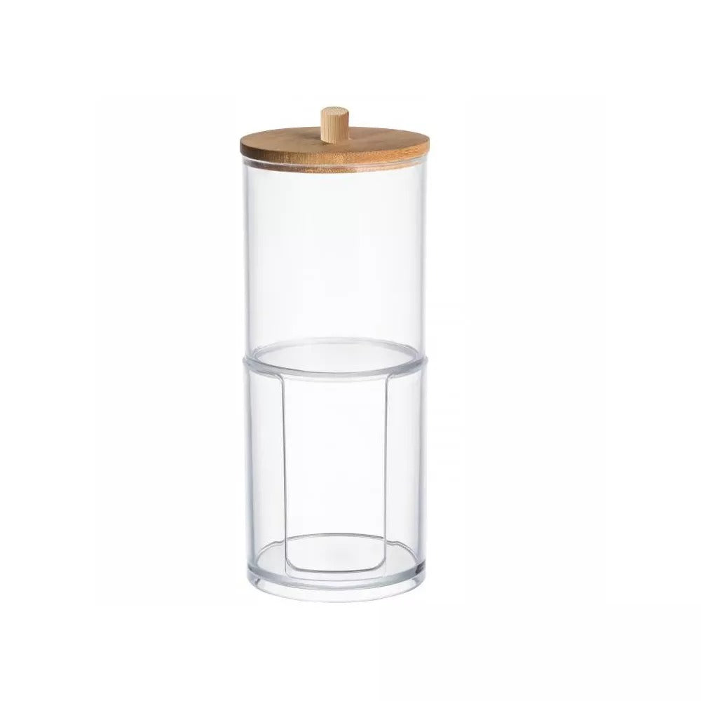 Acrylic Q-tip Dispenser and Cotton Pad Holder with Bamboo Lid, 2 Tier Nonslip Bathroom Organizer Jar for Cotton Ball, Swab, Makeup Pad, Vanity Storage