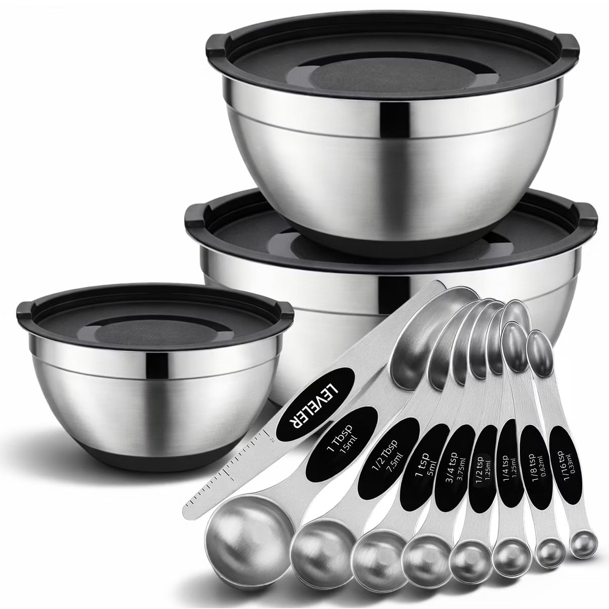 12 Piece Kitchen Mixing & Measuring Set, Stainless Steel Mixing Bowl with Lids and Nesting Magnetic Measuring Spoons for Baking & Cooking