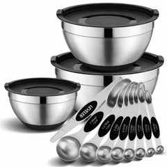 12 Piece Kitchen Mixing & Measuring Set, Stainless Steel Mixing Bowl with Lids and Nesting Magnetic Measuring Spoons for Baking & Cooking