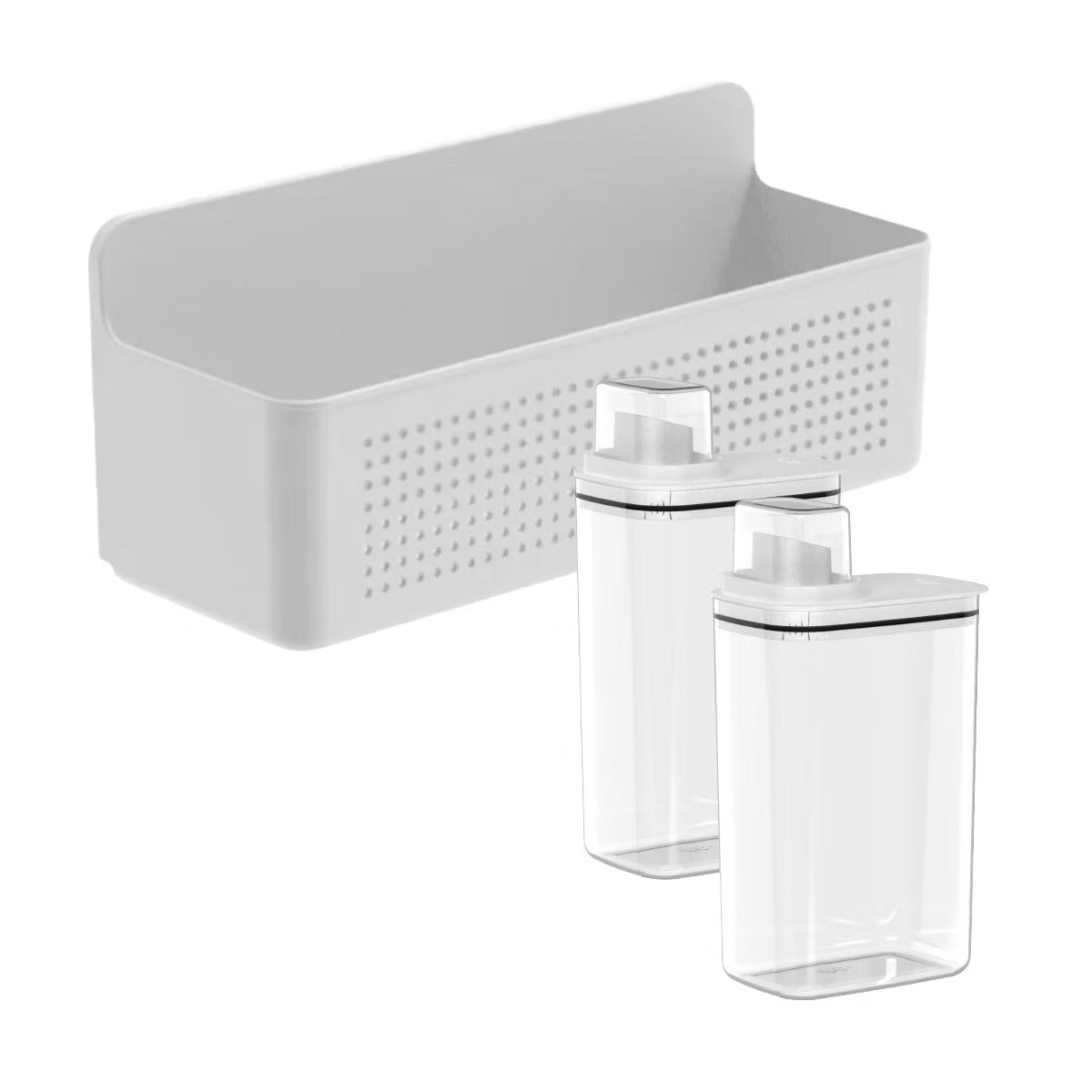 OU Laundry Detergent Dispenser & Wall-Mounted Storage Organizer Set, 2 Pack 77oz Liquid Soap Dispensers with Measuring Cap & Hanging Storage Organizer