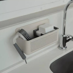 OU Hanging Sink Organizer, Self-Adhesive Caddy with Removable Sponge Tray, Space Saving Wall Mounted Kitchen Storage Organizer