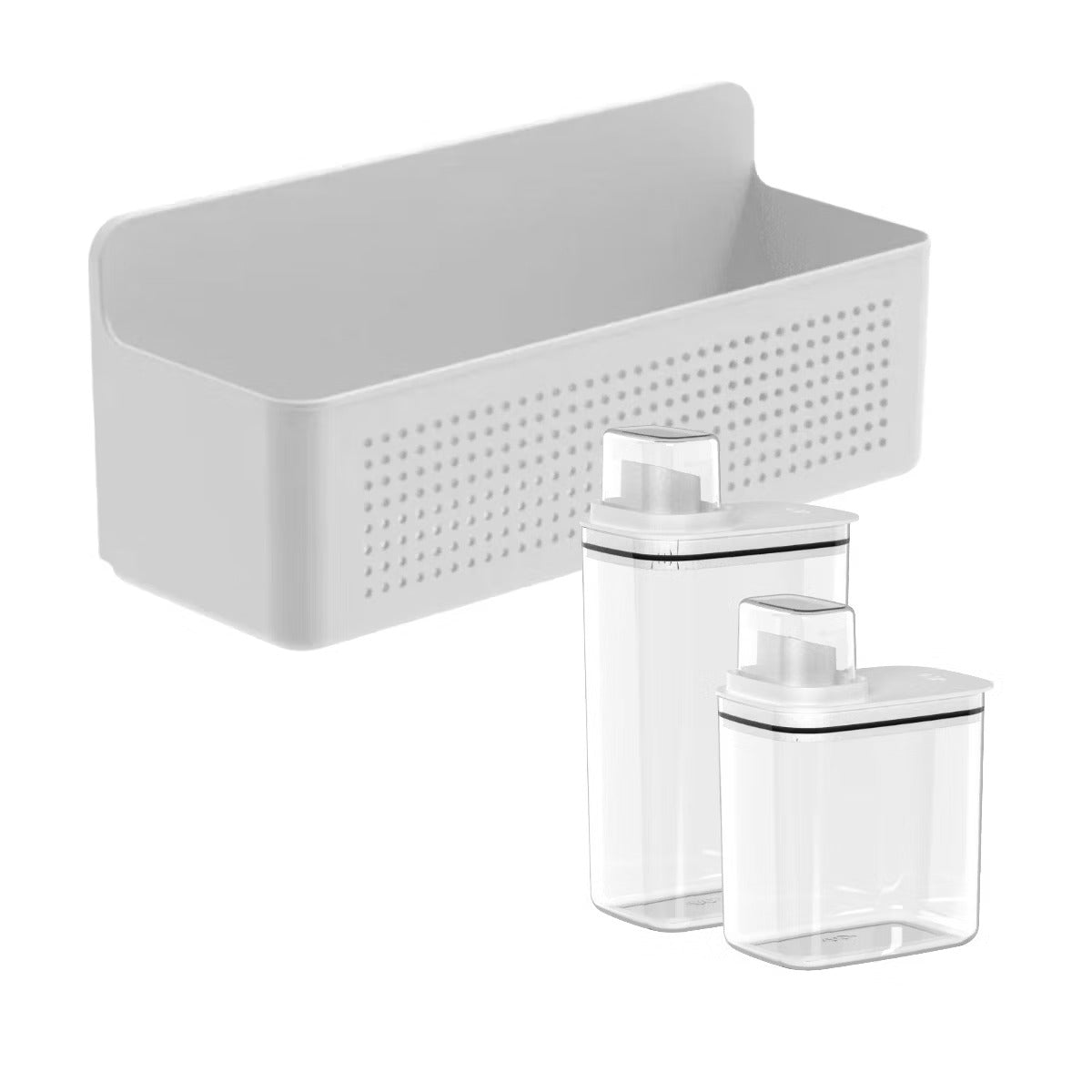 OU Laundry Organization Set, 50oz & 77oz Liquid Detergent Dispensers with Measuring Caps & Wall Mounted Cabinet Door Storage Organizer Basket