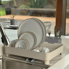 OU Dish Drying Rack with Drainage Spout, Nonslip Dish Drainer Rack with Removable Cutlery Holder & Steel Drying Rack for Plates, Bowls, Cup & Utensils