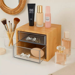 Bamboo Makeup & Jewelry Organizer with 2 Clear Acrylic Drawers, Nonslip Cosmetic Storage Box, Durable Organizer for Cosmetics, Skincare, & Jewelry
