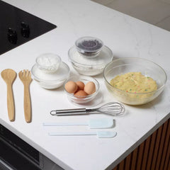 11-Piece Kitchen Accessories Set – Glass Mixing Bowls with Airtight Lids, Stainless Steel Whisk, Scrapers, Wooden Spoons